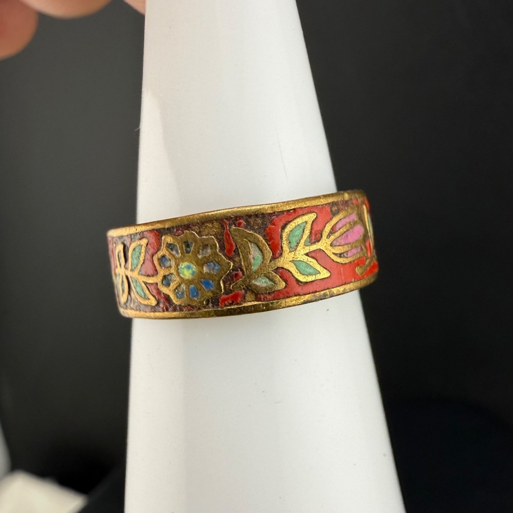 Vintage Cloisonne Enamel Flower Band Ring Red Gold Tone Size 4 - Picture 4 of 13